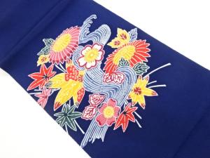 縮緬地型染荒波に花々・葉模様開き名古屋帯（額縁仕立て）